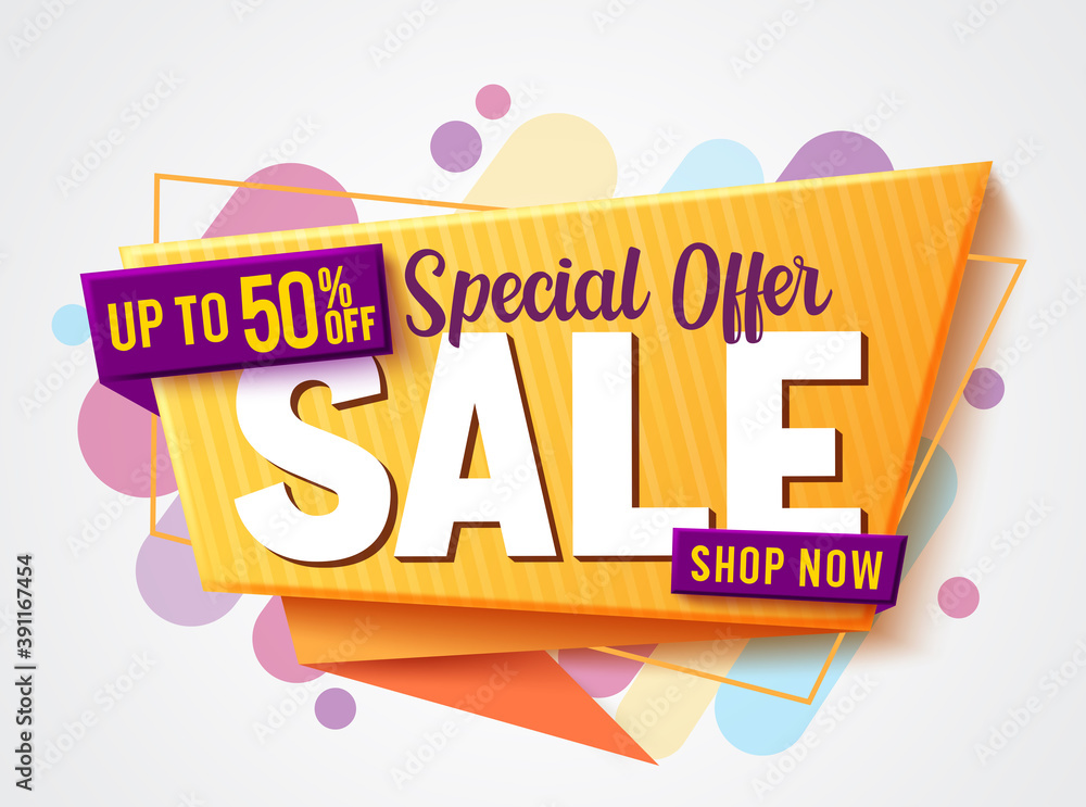 Sale special offer vector banner design. 50% off sale text in colorful abstract background for marketing advertisement discount promo . Vector illustration.
Sale special offer vector banner design. 50% off sale text in colorful abstract background for marketing advertisement discount promo . Vector illustration.