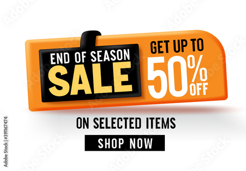 Sale vector banner design. End of season sale with up to 50% off text on selected items in black and yellow tag background for sales discount offer promotion. Vector illustration. 