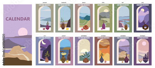Calendar minimalistic window view landscape natural backgrounds of four seasons. Winter wonderland, Fresh on Spring, Hot sunny day on Summer, Autumn with leaves falling. Set Minimal modern boho trendy