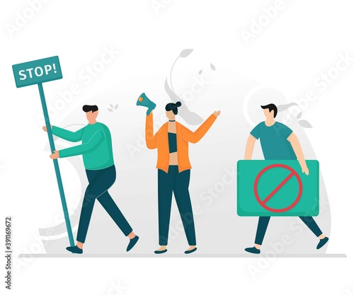 Illustration vector people protest strike concept. People holding political banners, activists with strike manifestation sign, protest demonstration.
