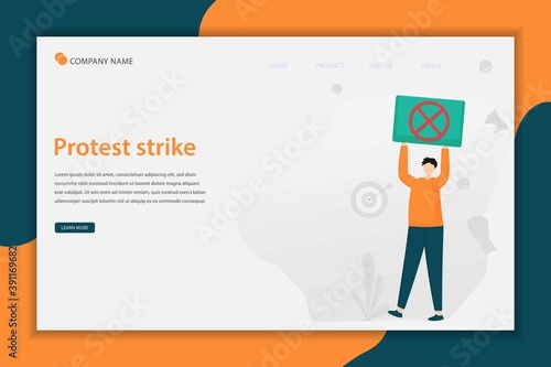 Landing page people protest strike illustration concept. People holding political banners, activists with strike manifestation sign, protest demonstration.
