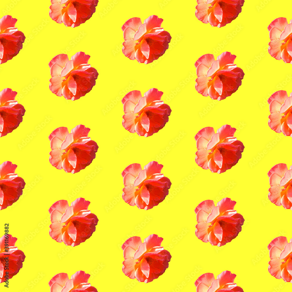 Seamless pattern with roses on a yellow background. Flat lay, top view. Pop art creative design for textile, fashion, wallpaper, fabric, wrapping paper.