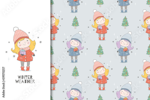 Cartoon little warmly dressed girl with gifts. Christmas card and seamless background pattern. Hand drawn surface design vector illustration.