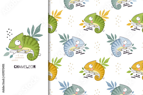 Cute cartoon chameleon character. Jungle animal card and seamless background pattern. Hand drawn surface design vector illustration.