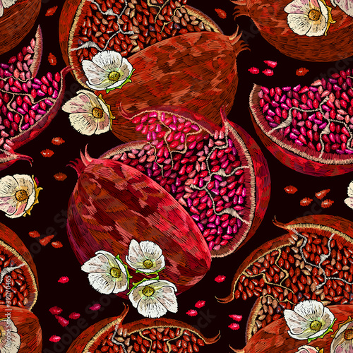 Embroidery pomegranate fruits and white flowers seamless pattern. Fashion template for clothes, t-shirt design, textile