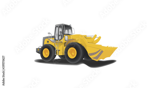 Vector illustration of a bulldozer. Tractor - bulldozer. Construction of roads and houses. Yellow tractor. Construction vehicles in strong style, logo template vector illustrations eps 10.