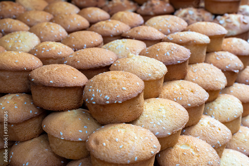 Chinese cakes heap in a street market in chengdu, Sichuan province, China