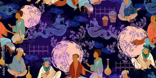 Ancient China seamless pattern. Classic wall drawing. Oriental people. Traditional Chinese paintings. Tradition and culture of Asia. Murals and watercolor asian style