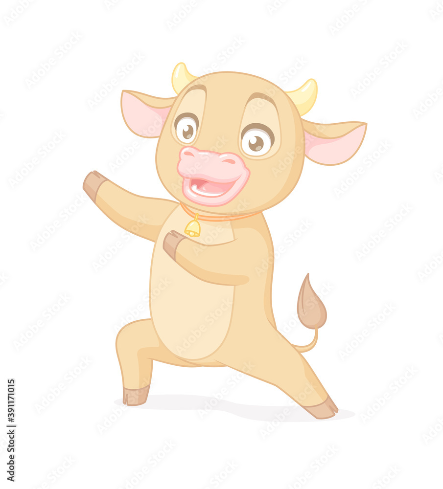 Happy cute baby bull presenting. Vector cartoon character on white background. Happy cute baby bull presenting. Vector cartoon character on white background.