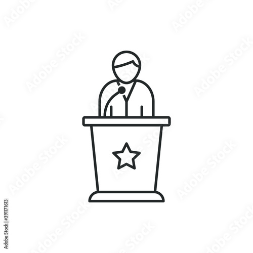 Orator speaking from tribune icon line style isolated on white background. Vector illustration