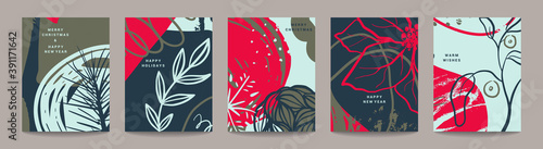 Vector collection of trendy creative Christmas cards with winter floral elements and abstract forms