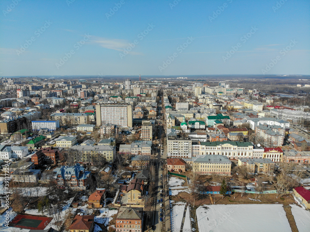 Aerial view of Svobody street in spring (Kirov, Russia)