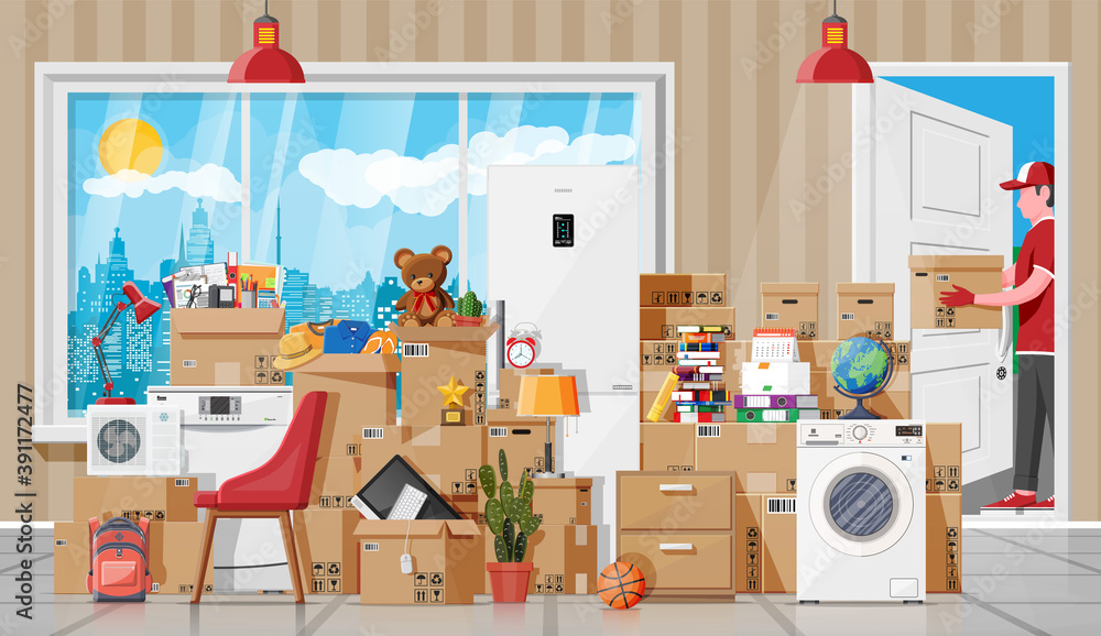 Moving to new house. Family relocated to new home. Paper cardboard boxes with various household thing. Package for transportation. Computer, lamp, clothes, books. Vector illustration in flat style Moving to new house. Family relocated to new home. Paper cardboard boxes with various household thing. Package for transportation. Computer, lamp, clothes, books. Vector illustration in flat style