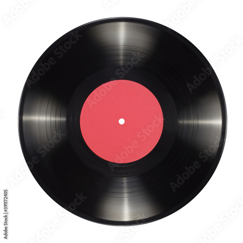 10-inch vinyl record with blank red label isolated.