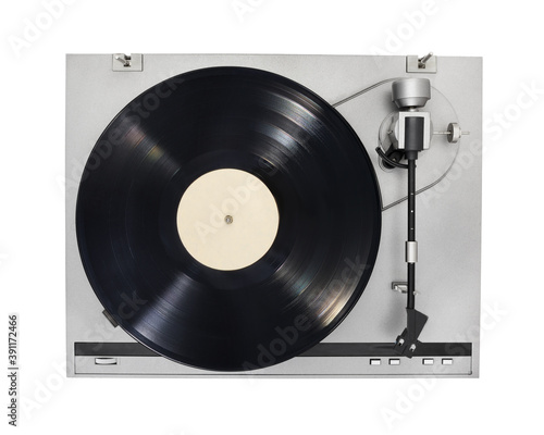 Turnable with long play or LP vinyl record isolated on white.