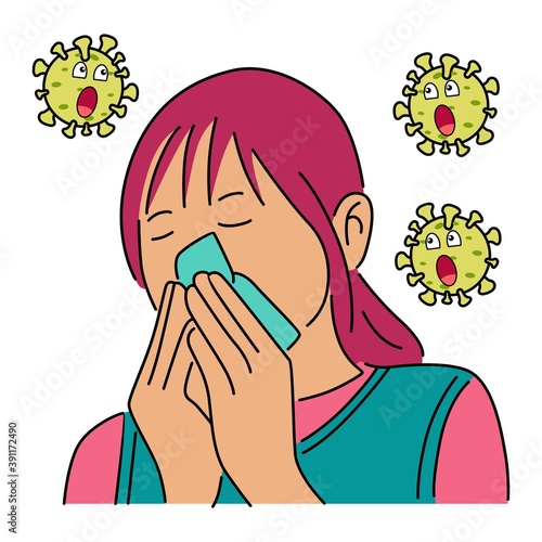 Young sick woman ill suffering spring allergy using tissue on nose. Vector cartoon illustration