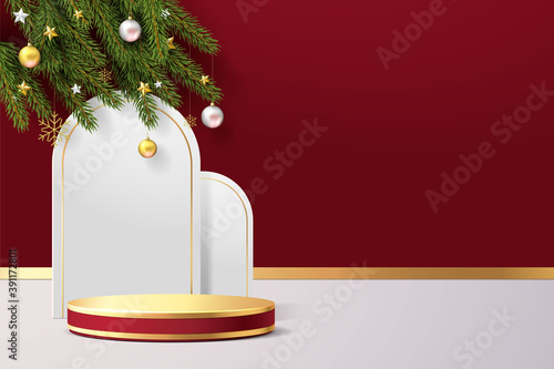 Elegant christmas and happy new year mock up scene. podium shape for show cosmetic product display. stage pedestal or platform. realistic 3d 