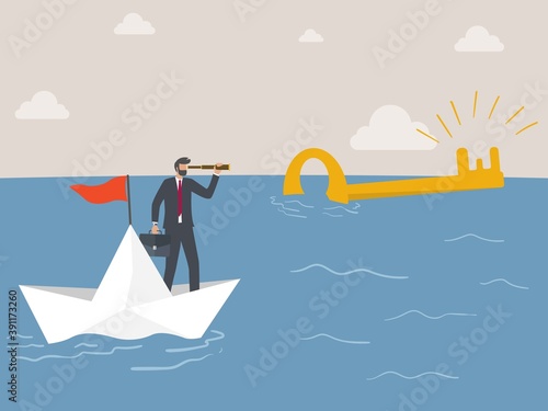 entrepreneurs driving origami boats find the secret to success using the telescope. success business secret concept.