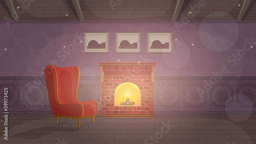 Vintage room with fireplace. Retro hall, vintage armchair, fireplace. Vector.