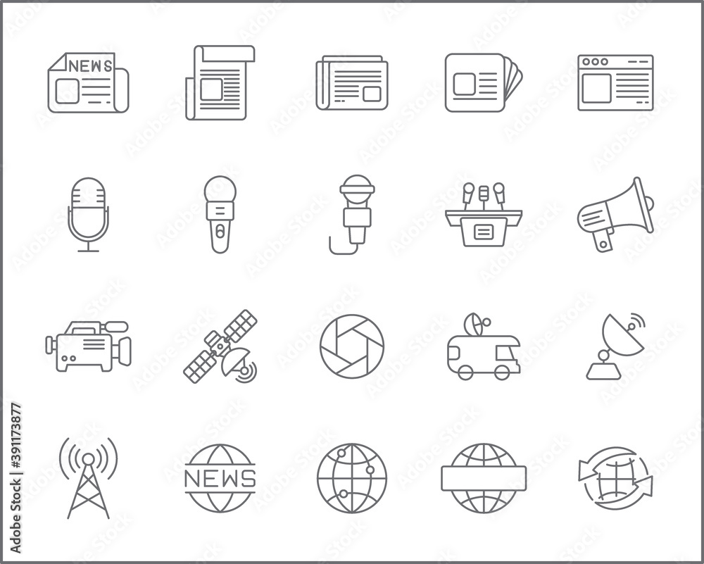 Set of news and journalism line style. It contains such Icons as camera, newspaper, news van, microphone, tv tower, satellite, reporting, media, communication and other elements. Set of news and journalism line style. It contains such Icons as camera, newspaper, news van, microphone, tv tower, satellite, reporting, media, communication and other elements.