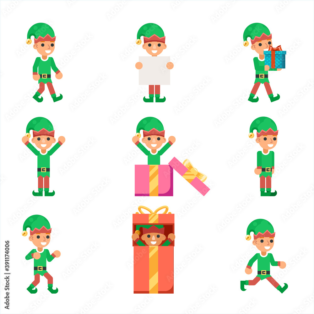 Elves characters set santa claus helper in different poses and actions icons set flat design vector illustration Elves characters set santa claus helper in different poses and actions icons set flat design vector illustration