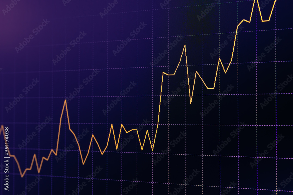 Naklejka premium Continuous Bullish Trend Yellow Stock Chart or Forex Chart and Table Line on Black Background in Purple Tone