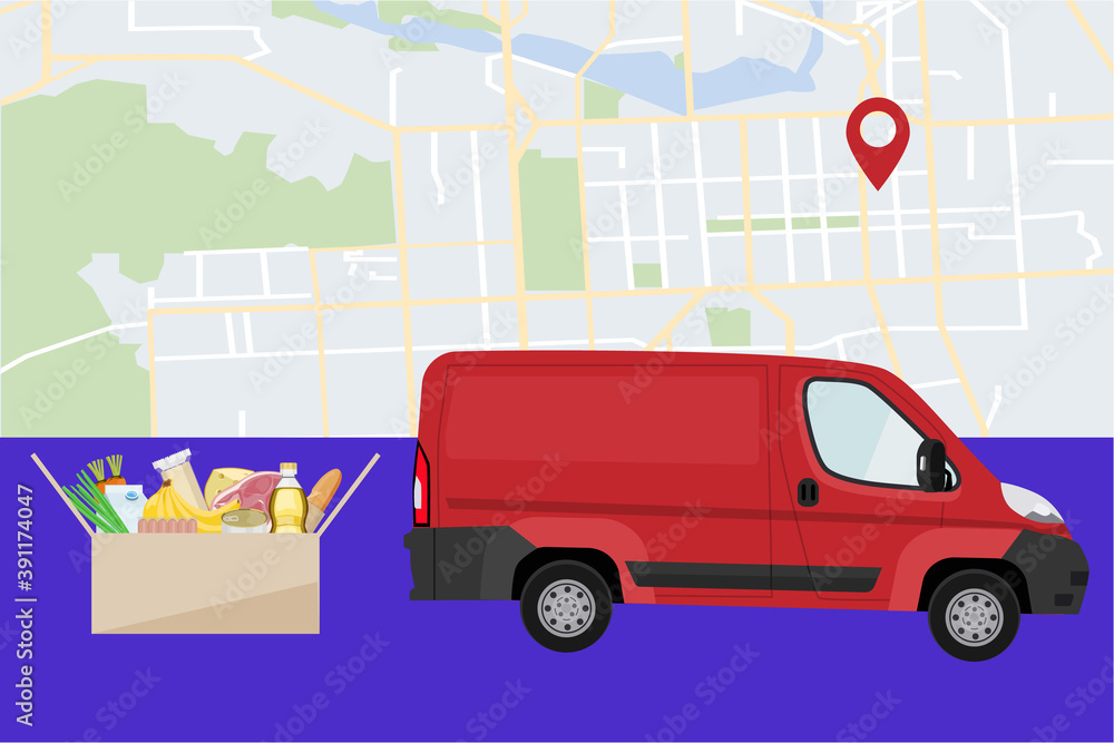 Delivery of products to the address. Minivan on the background of a city map, a box with groceries. Vector illustration