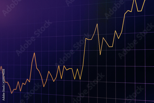 Continuous Bullish Trend Yellow Stock Chart or Forex Chart and Table Line on Black Background in Purple Tone