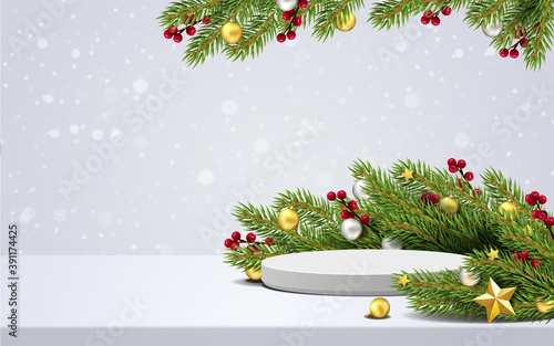 Elegant christmas and happy new year mock up scene. podium shape for show cosmetic product display. stage pedestal or platform. realistic 3d 
