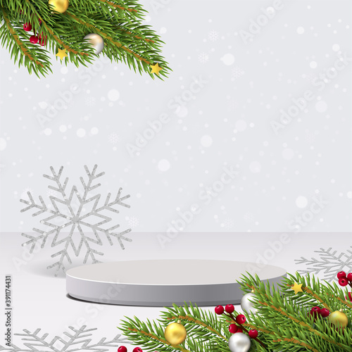 Elegant christmas and happy new year mock up scene. podium shape for show cosmetic product display. stage pedestal or platform. realistic 3d 