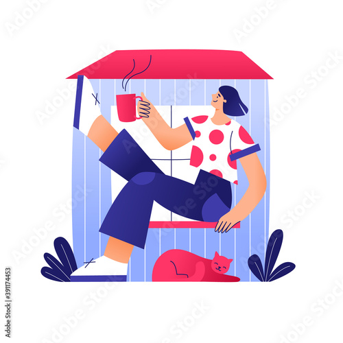 Tiny house living. Small house for young  woman and cat. Happy people in compact space concept. 
Vector flat hand drawn illustration.  Design for web sites, cards, posters, advert, t-shirts.