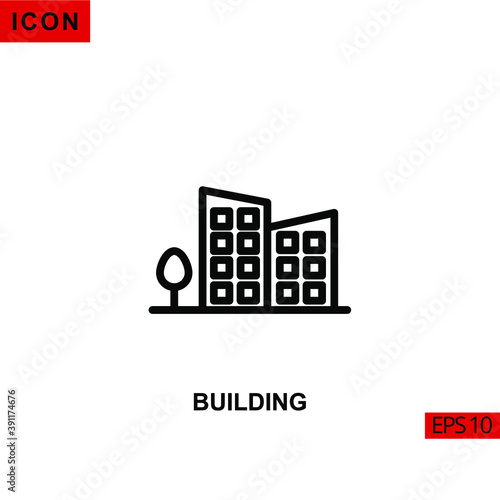Icon office building with tree. Outline, line or linear vector icon symbol sign collection for mobile concept and web apps design.
