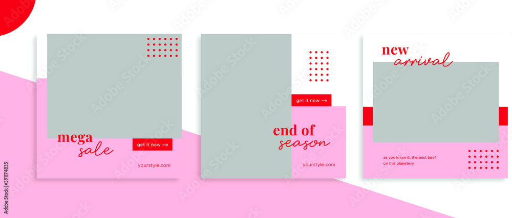 Set of editable square banner templates for Instagram post, Facebook square, for corporate company, fashion store, advertisement, and business. With simple red and pink color. (2/3)