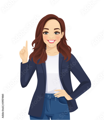 Casual business woman pointing up isolated vector illustration