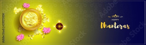 Vector illustration of Shubh Dhanteras means Happy Dhantera with goddess Lakshmi footprint, lord ganesha, puja kalash, lotus, diya, gold coin pot, on beautiful bokeh background. photo