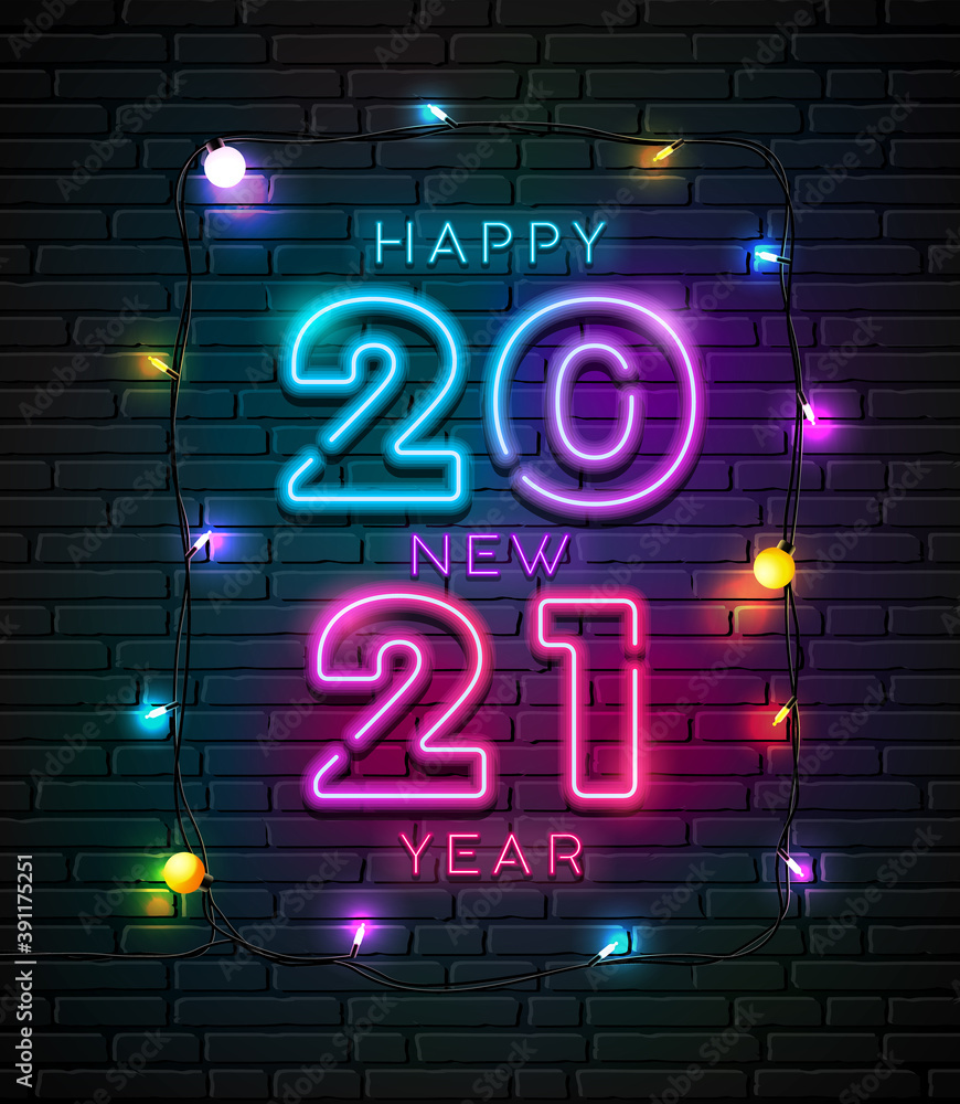 2021 neon light number happy new year and colorful bulb light at night design on block wall black background, Eps 10 vector illustration 2021 neon light number happy new year and colorful bulb light at night design on block wall black background, Eps 10 vector illustration