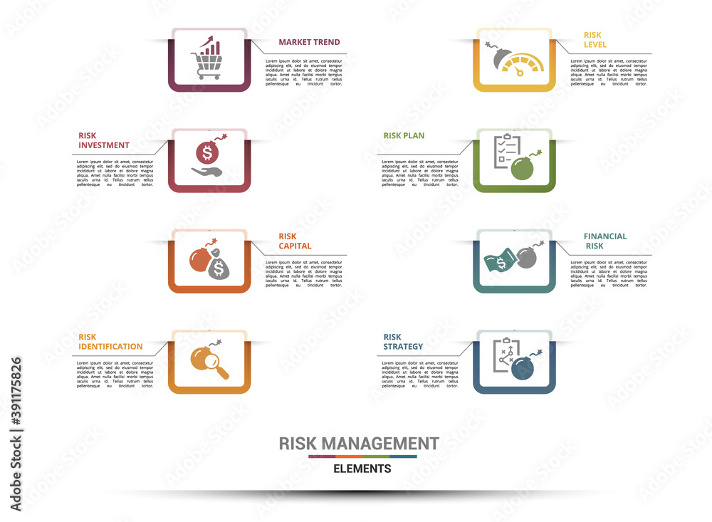 Infographic Risk Management template. Icons in different colors. Include Market Trend, Investment, Risk Capital, Identification and others. Infographic Risk Management template. Icons in different colors. Include Market Trend, Investment, Risk Capital, Identification and others.