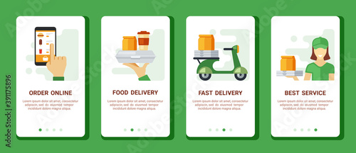 Order and delivery snacks mobile banner. Finger taps menu selection screen fast food preparation and packaging fast delivery anywhere on scooter better service web restaurant. Vector flat.