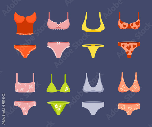 Womens underwear set. Glamorous yellow thongs and bikinis lace pink panties and bra with hearts elegant sensual green textiles with daisy picture erotic model beauty. Fashionable vector.