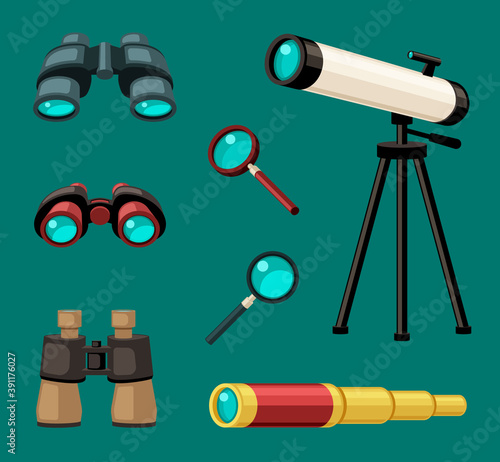 Magnifying optical devices set. Stationary white telescope for astronomy observing stars retractable spyglass field and military binoculars magnifier for viewing text. Vector scaling.
