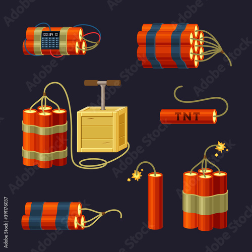 Bundle of explosives set. Red sticks of dynamite with timer prepared bomb with hand detonators burning cable of detonating device danger of working with TNT retro fuse bicforod cord. Cartoon vector.