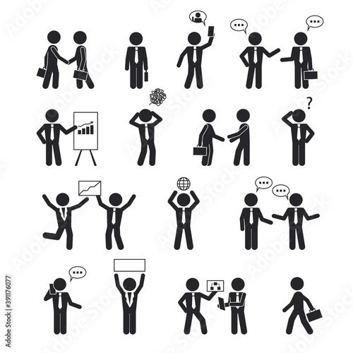Business and communication human stick set. Friendly commercial agreement and showing economic charts global development and confusion ideas in head coming to work with portfolio. Financial vector.