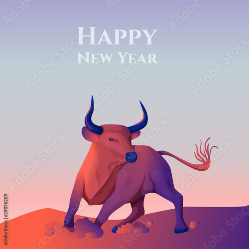 Vector illustration of a bull in a gradient fill style in motion. Symbol of the year according to the Chinese calendar, new year card, banner, for business