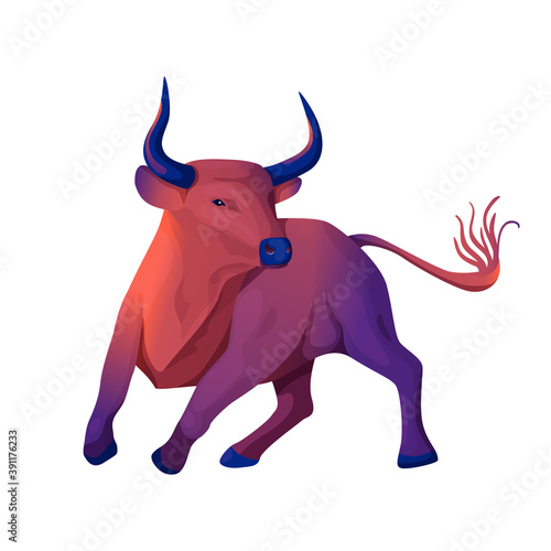 Vector illustration of a bull in a gradient fill style in motion. Isolate. Symbol of the year according to the Chinese calendar, new year card, banner, for business