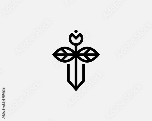 Abstract sword dagger blade knife with a handle made of flower and leaves logo. Creative vector knight weapon defense icon sign logotype vector design template isolated on light background.