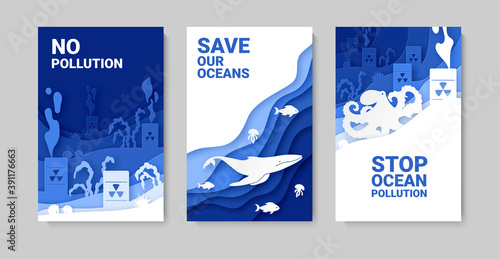 Set of 3 campaign poster to protect the ocean from pollution. Layered paper-style design. Ecology and environmental protection. Vector illustration