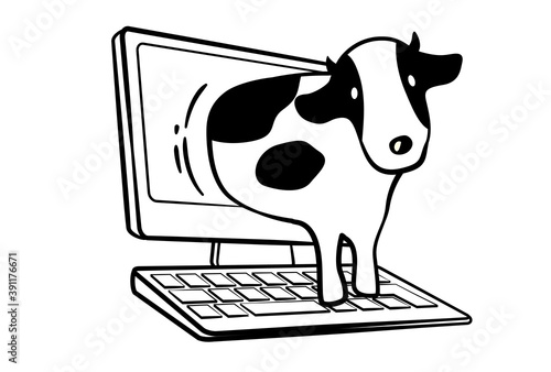 2021年賀状　パソコンから牛が飛び出す