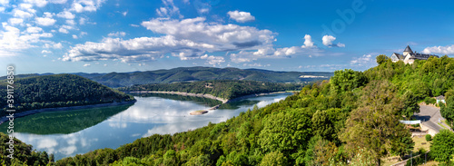 View on Waldeck Castle and Edersee in northern Hesse, Germany. photo