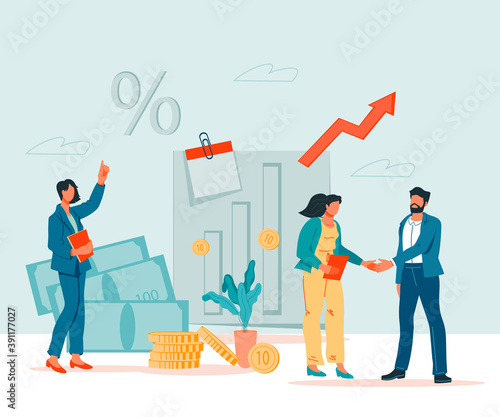 Concept of a successful business partnership and cooperation agreement. Handshake of two business people at a meeting for negotiations with an investor or partner, flat vector illustration.