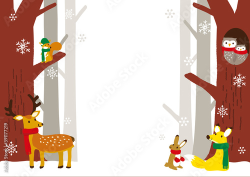 冬の森と動物たち　背景イラスト